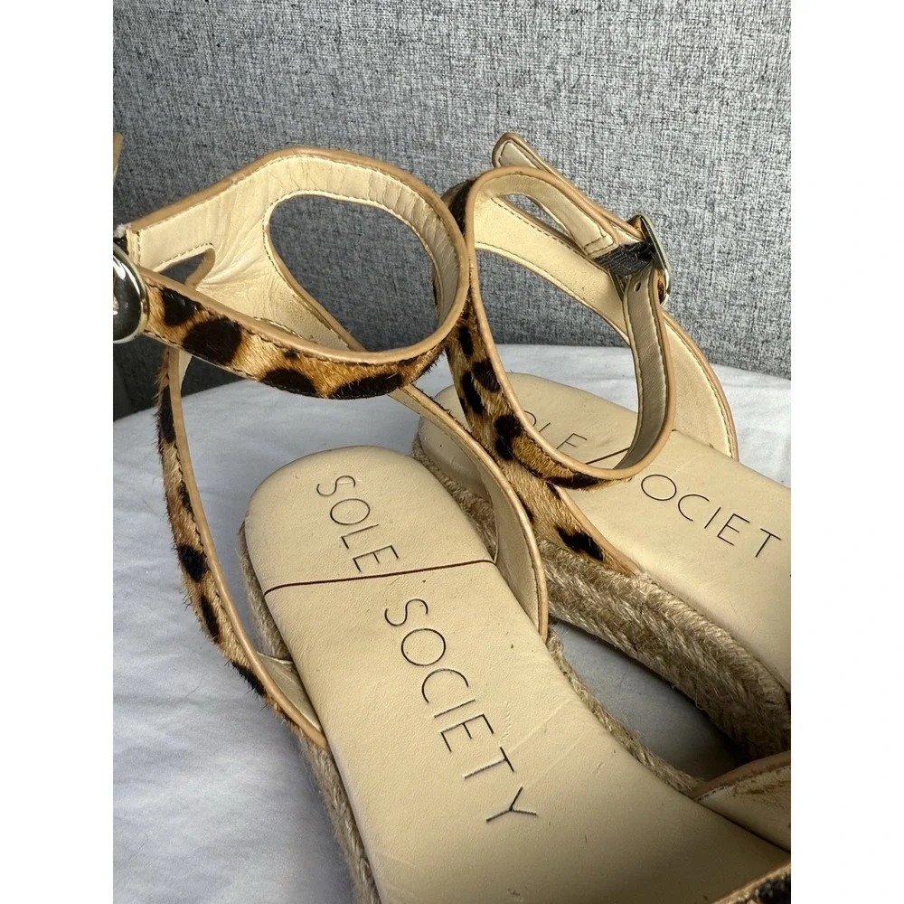 Sole Society‎ Sandals Espadrilles Platform Leopard Print Brown Cow Hair Size 7M